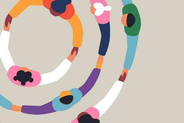 The image shows different people forming concentric circles by holding hands, reflecting a sense of protection through community. 